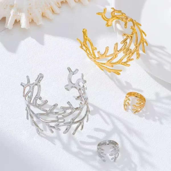2 st guld korallgren design armband och ring set polerad finish A2