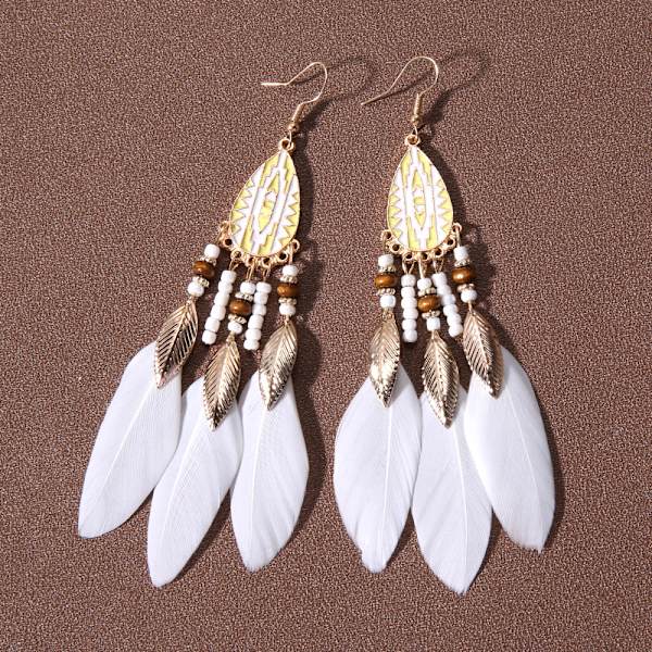 Summer Bohemian Long Feather Dangle Örhängen För Kvinnor Beach Ta white