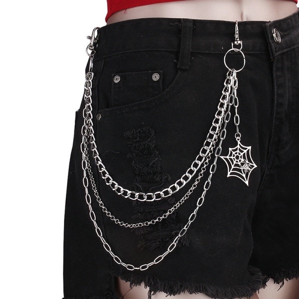Mode Punk Metal Pants Chain Hip Hop Spider Web hängande jeans Black