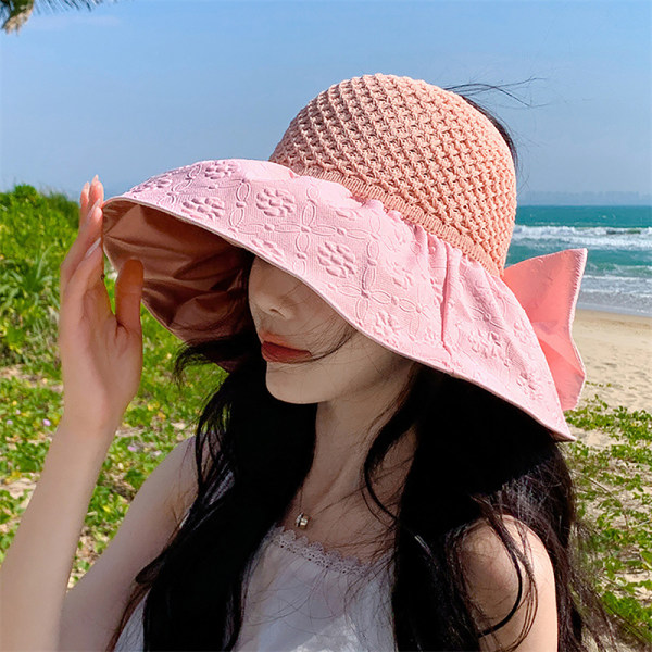 Matkahattu Bowknot Decor Naisten Hattu Taitettava aurinkohattu Rantahattu Pink