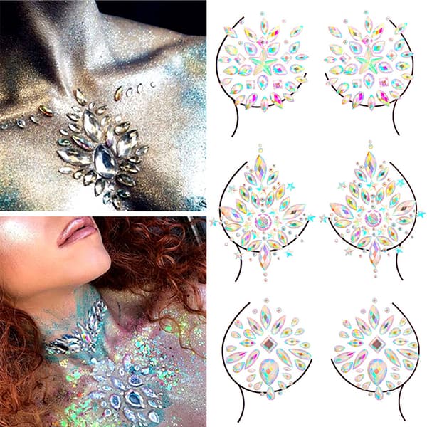 Bryst Juveler Rhinestone Chest Sticker Midlertidig Glitter Body E