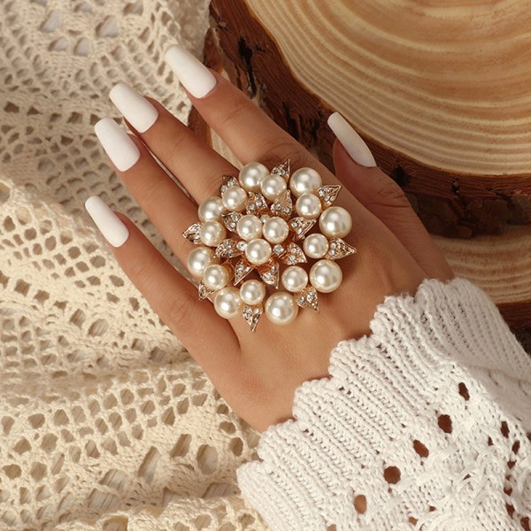 Tyylikäs valkoinen helmi kristallikukka naisten sormus korujen tarvikkeet B