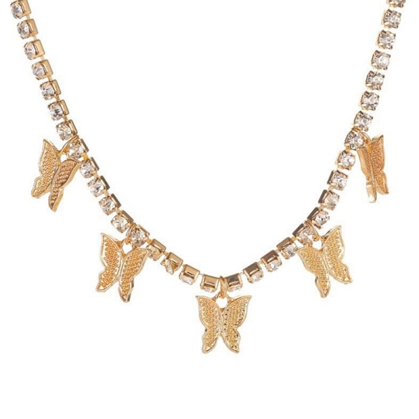 Kvinner mote Rhinestone Butterfly anheng Halskjede Retro gull Gold