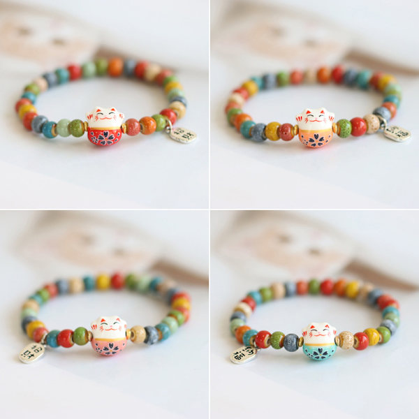 Muoti ja Lucky Cat -rannekoru tytöille Säädettävä värikäs helmi A4
