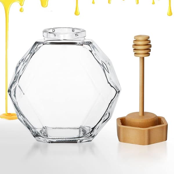 Honungsburk Hexagonal Glas Honungsflaska Med Träomrörare 500g
