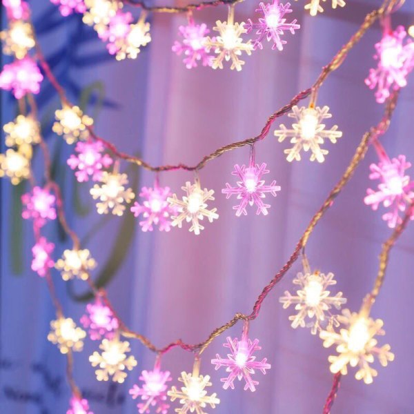 Julepynt Snowflake String Lights Xmas Garland Holid Pink Warm
