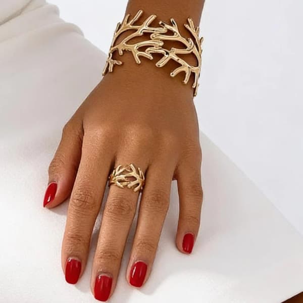 2 stk. guldkoralgren-design armring og ringsæt poleret finish A2