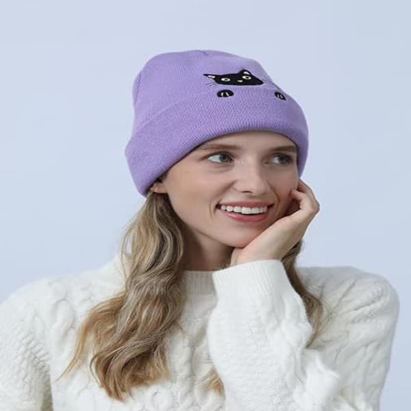 Vinter Kvinne Katt Brodert Lue e Katt Akryl Strikket Lue Black