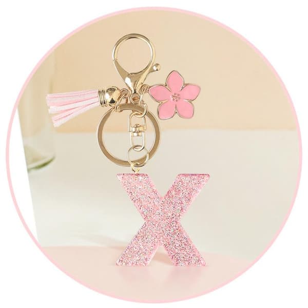 A-Z Glitter Pink Initial Bogstav Nøglering Blomster Kvast Bilnøgle A12
