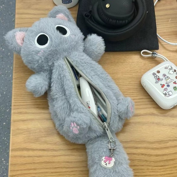 Harmaa pehmo kissan kynälaukku ja pöytäsarjakuvapaperin säilytyslaukku Gray