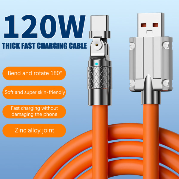 120W 6A 180 graders rotation Supersnabb laddning Data Type-C-kabel Orange Lightning[1.5m]