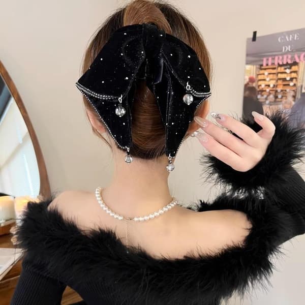 Fransk elegant hårklämma för kvinnor, sammet, strass, rosett, hästsvans