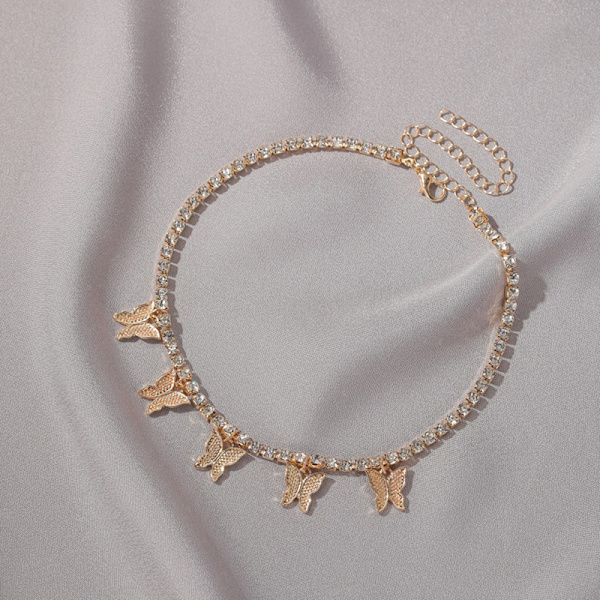 Kvinner mote Rhinestone Butterfly anheng Halskjede Retro gull Silver