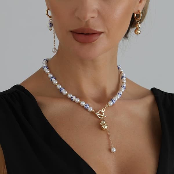Ny stil blå och vit imitation pärlhalsband trend silver earrings