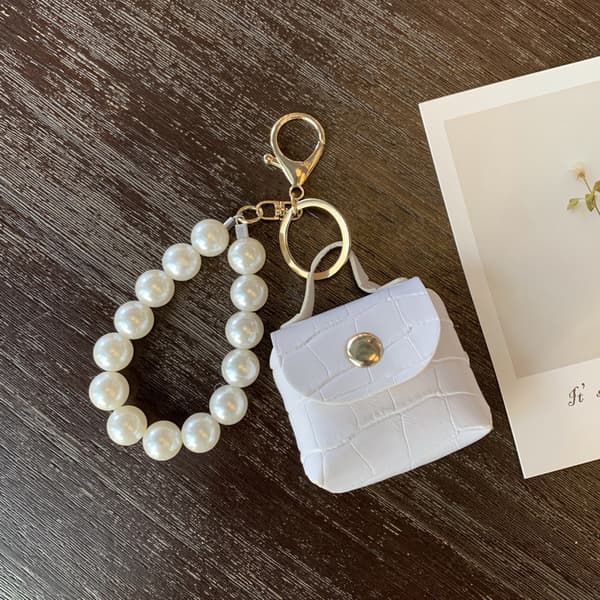 Myntplånböcker Pearl Chain Keychain Hörlurslåda Key Organizer Bag White