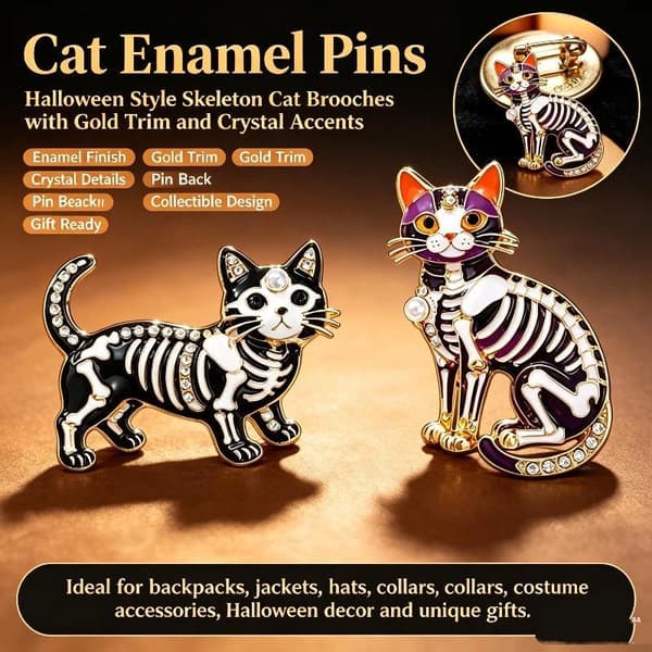 Barock Halloween Skelett Katt Droppande Olja Brosch Djurtema A1