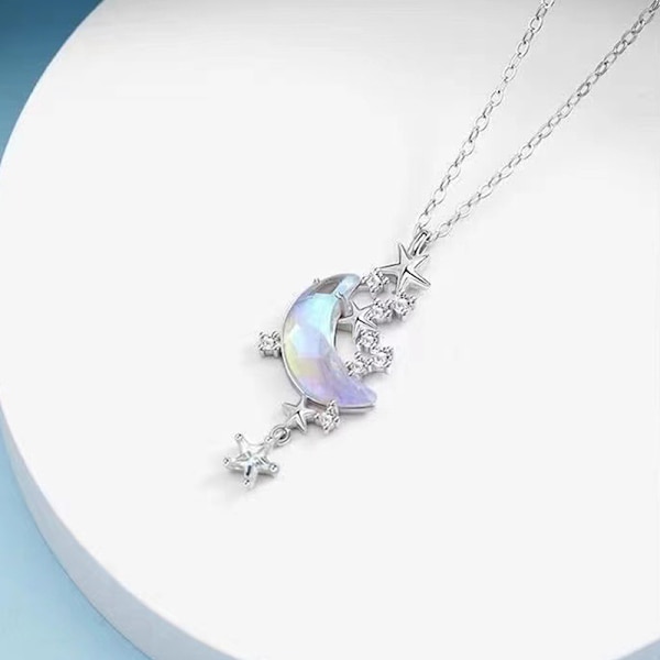 Star Moon Moonstone Titanium Steel Chain Halskjede Romantisk Pend