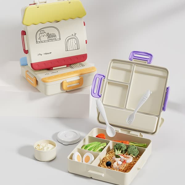 e Bärbar Lunchlåda Med Fack Barn Plast Picknick Bento Light yellow