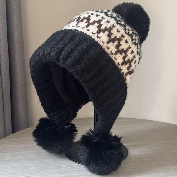 Fair Island-stil Retro Stickad Mössa Vinter Pom-pom Öra A8