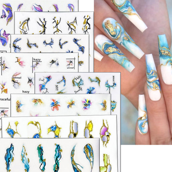 Flerfargede Marmorering Nails Stickers 3D Wave Lines Blomster Nail A 11