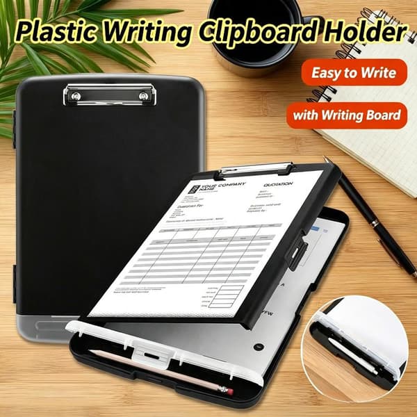A4 Flip Top Clip Oppbevaringsboks i plast Skrivebrettklips Kontor Black