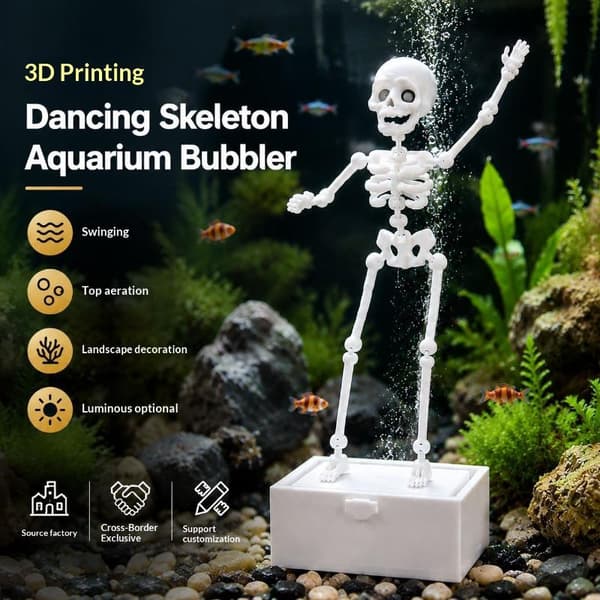 1 st 3D-printad dansande skelett akvariebubblare i plast Fluorescence green