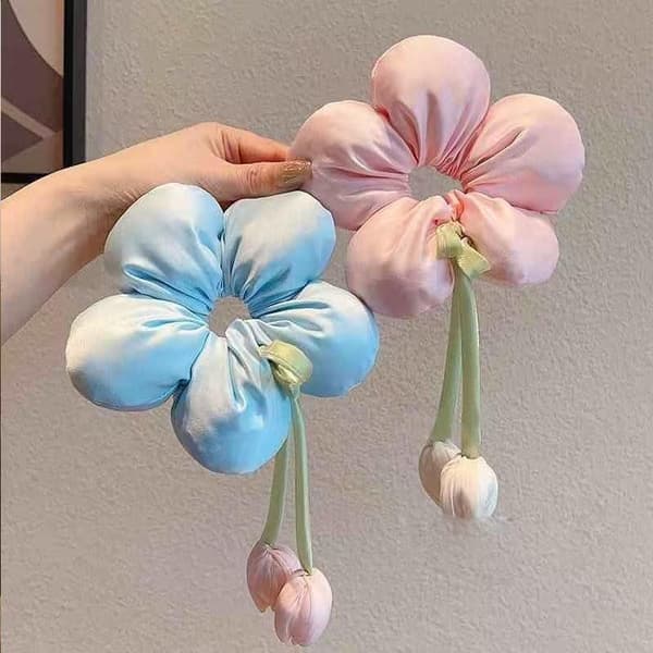 e Blommig Hårsnodd Scrunchie Mjukt Tyg Elastisk Hästsvanshållare Blue