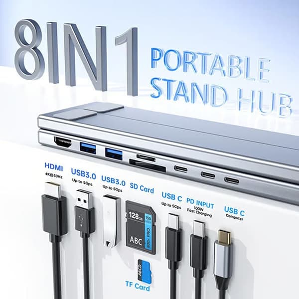8-i-1 USB-C Laptopstativ med dokkingstasjon Universal USB C A2