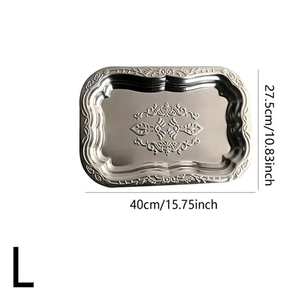 Rektangulär bricka i rostfritt stål med präglad design för förvaring L