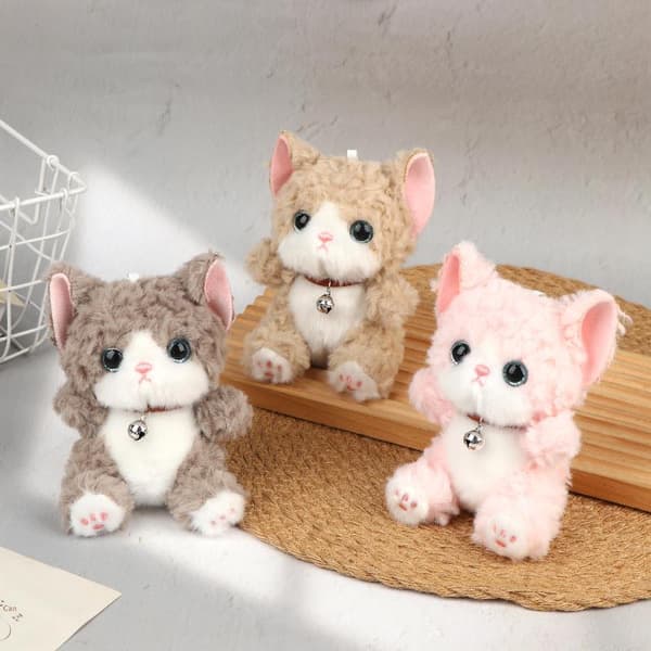 e Bell Cat Plush Keychain Curly Hair Kitten Stuffed Doll Bag Ha Gray
