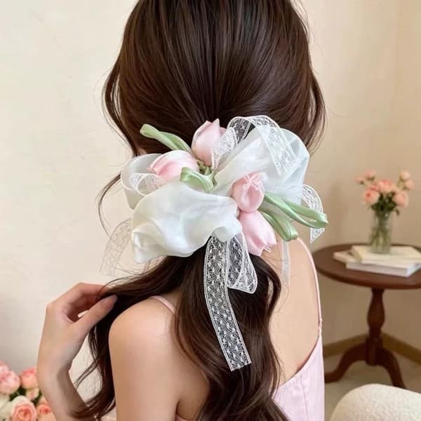 Hårscrunchies til kvinder, tulipaner, sød, blid blonde, alsidig elastik White