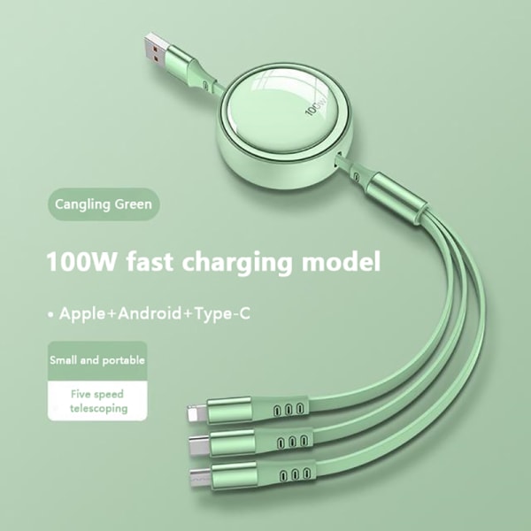 Indtrækkeligt 100W USB C-kabel Hurtigopladerkabel Type C For Green