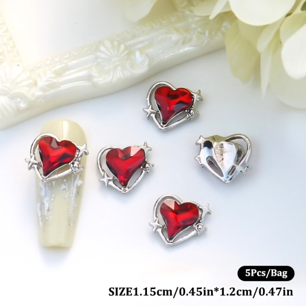 5 stk Nail Diamond Nail Art Decor Heart Love Diamond Heart Nail Red