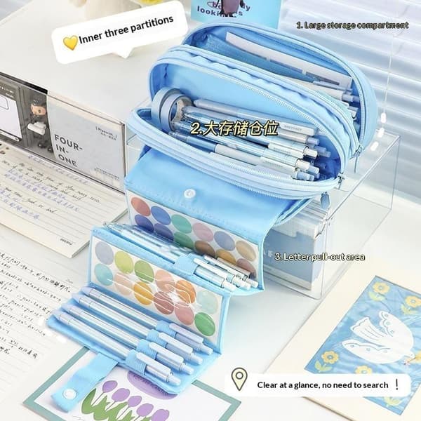 Kawaii stor kapacitet flerskikts pennfodral student brevpapper M A4