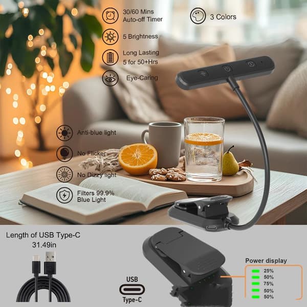 USB-ladattava LED-kirjapuristinlukulamppu 3 värilämpötilaa A3