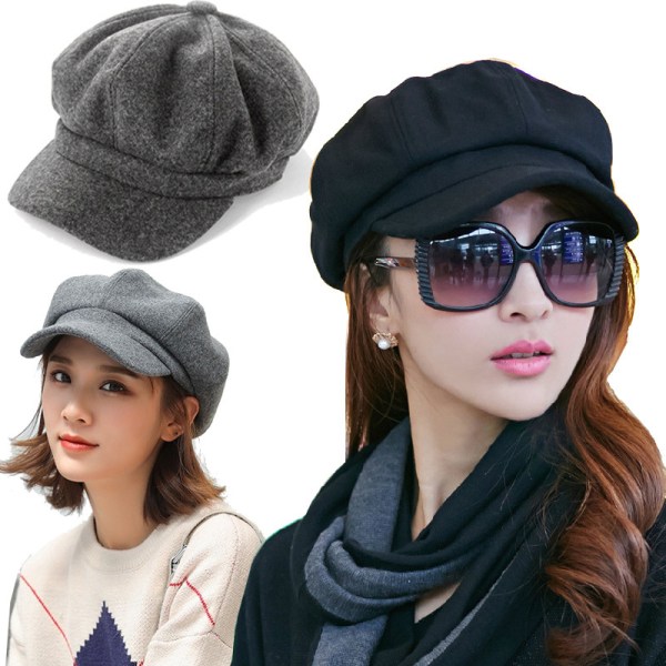 Mode Kvinder Baret Efterår Vinter Octagonal Cap Hatte Kunstner Pai Black