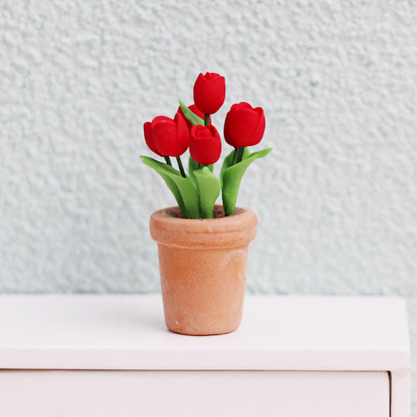 1:12 Dukkehus Miniature Rød Tulipan Pottepotte Blomst Hjem Gard