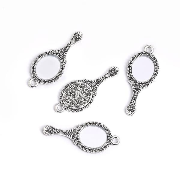 10 st vintage legering mini spegelberlocker med antik graverad design A6