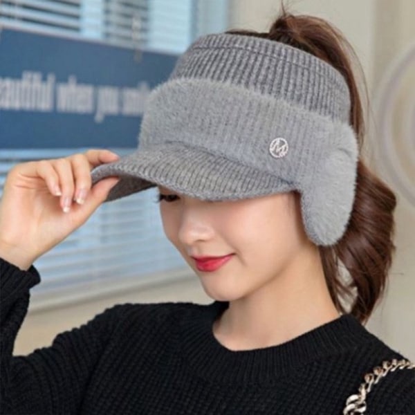Naisten paksunnettu ankankielinen neulottu hattu syys- ja talvikorva Gray