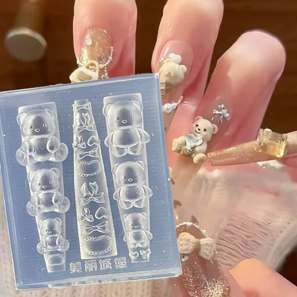 3D Silikon Nagelkonstform Tecknad Björndesign Mallplatta Ca