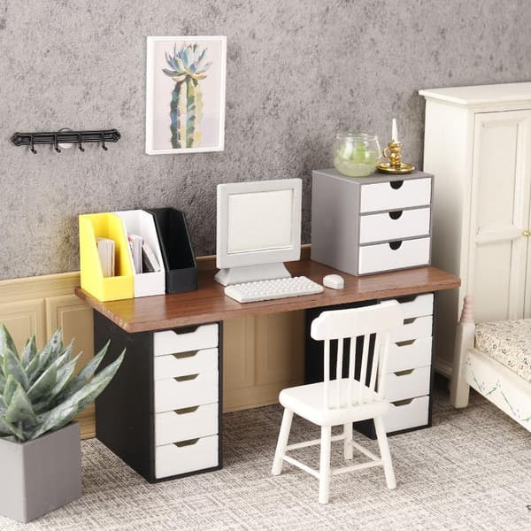 1:12 Dukkehus Miniatyr Kontorpult og Arkivskap White