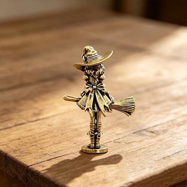 Messingheksfigur med retrodesign, slitesterkt materiale, Halloween