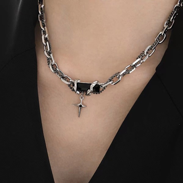 Punk Black Zircon Cross Star Anheng Halskjede for kvinner menn V
