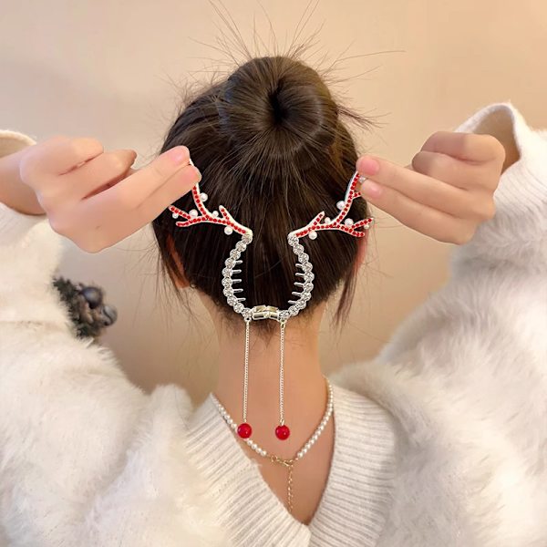Ny Juleelg Horn Kvast Hårspenne Hårklipp Ponytail Bun Red