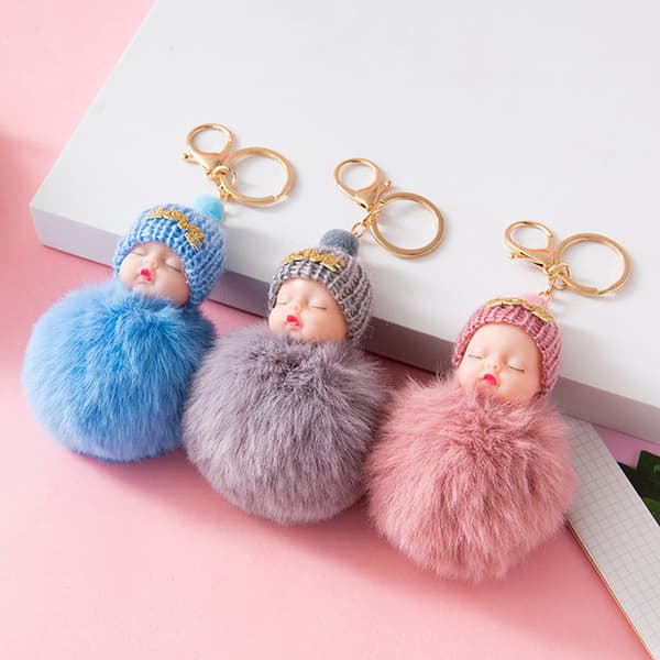 Sleeping Baby Nyckelring e Fluffy Plysch Doll Nyckelringar Dam Flicka A5