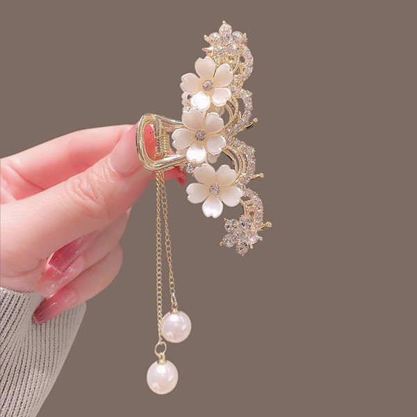 Elegant diamantbelagt Pearl Jasmine Flower Tassel Claw Clip