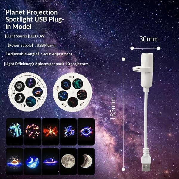 1 sett USB-drevet galakseprojektor med flere planetmønstre, fleksibel A1