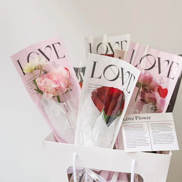 20 stk LOVE Transparent Rose Single Bag Bouquet Emballasjeposer White