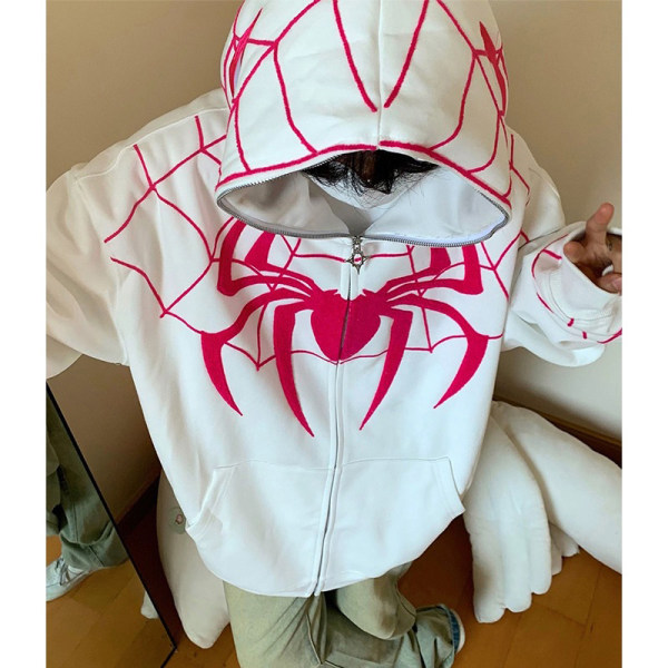 Spider Hoodie Dam Zip Up Casual Streetwear Retro Oversized Sw Red L