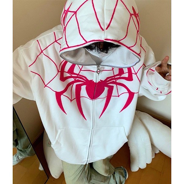 Spider Hoodie Dam Zip Up Casual Streetwear Retro Oversized Sw White M